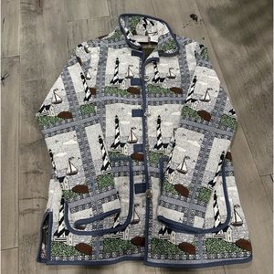 Vintage Blair Womens Tapestry Lighthouse Nautical Jacket Blue White Med